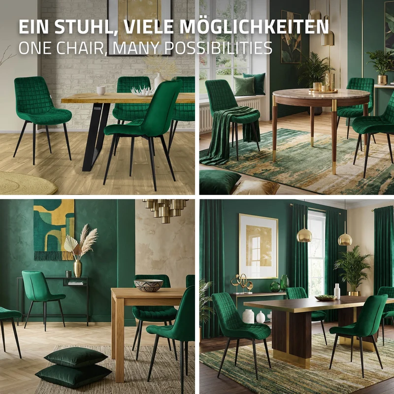 Esszimmerstuhl 6er Set Dunkelgrün mit Samtbezug und Stahlbeinen Küchenstuhl mit Rückenlehne ML-Design
