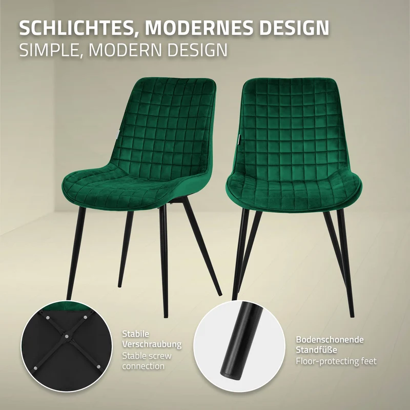 Esszimmerstuhl 4er Set Dunkelgrün mit Samtbezug und Stahlbeinen Küchenstuhl mit Rückenlehne ML-Design