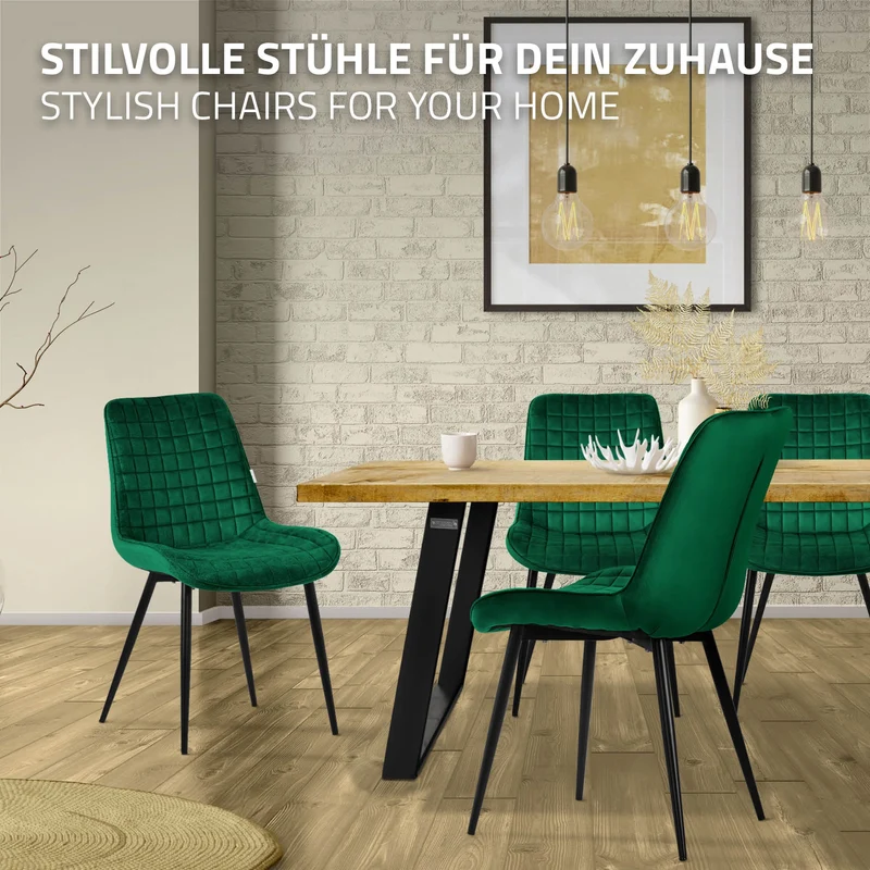 Esszimmerstuhl 4er Set Dunkelgrün mit Samtbezug und Stahlbeinen Küchenstuhl mit Rückenlehne ML-Design