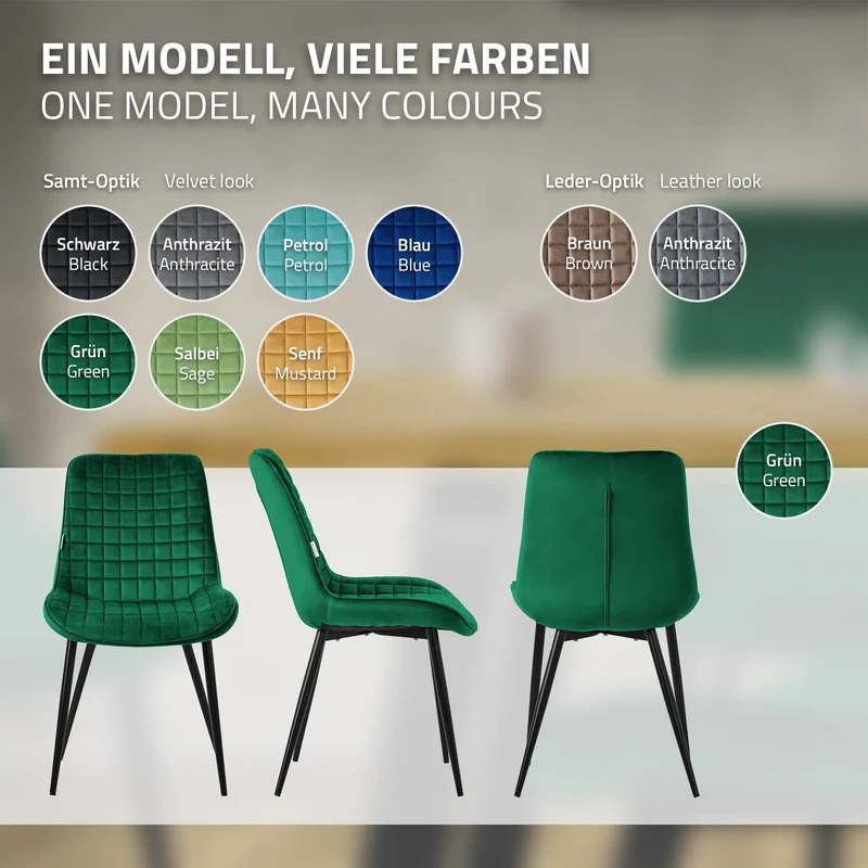 Esszimmerstuhl 4er Set Dunkelgrün mit Samtbezug und Stahlbeinen Küchenstuhl mit Rückenlehne ML-Design