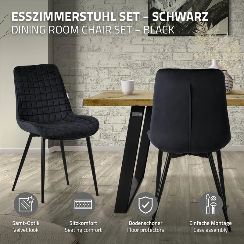 Esszimmerstuhl 6er Set Schwarz mit Samtbezug und Stahlbeinen Küchenstuhl mit Rückenlehne ML-Design