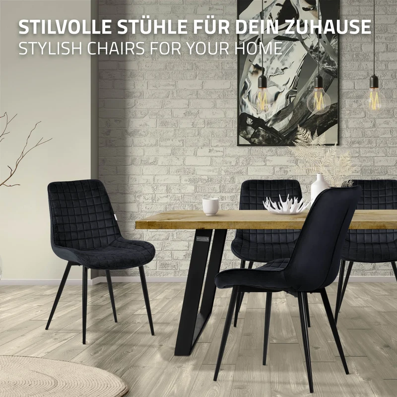 Esszimmerstuhl 6er Set Schwarz mit Samtbezug und Stahlbeinen Küchenstuhl mit Rückenlehne ML-Design