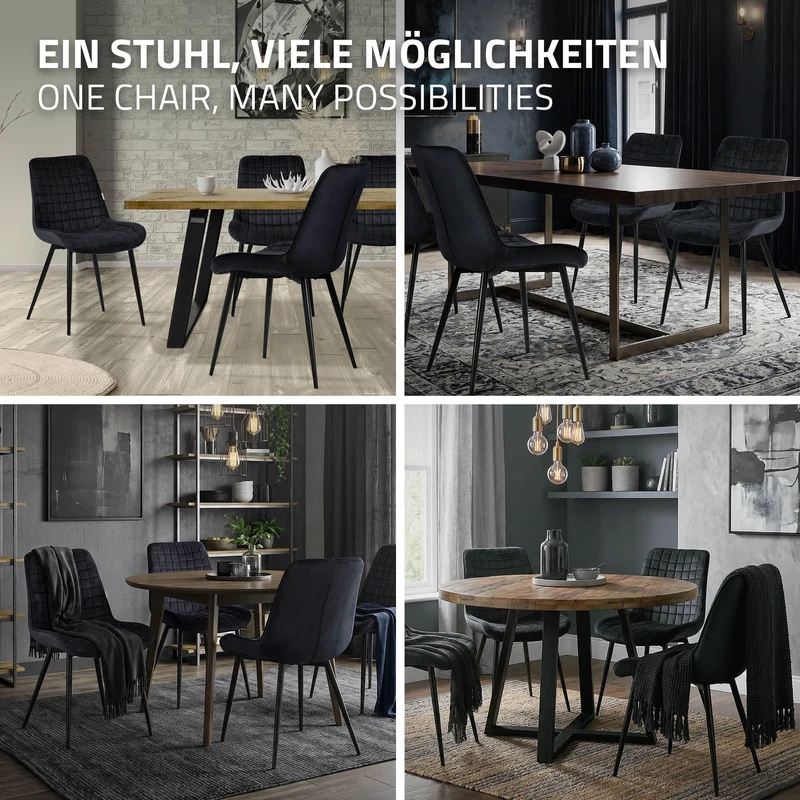 Esszimmerstuhl 4er Set Schwarz mit Samtbezug und Stahlbeinen Küchenstuhl mit Rückenlehne ML-Design