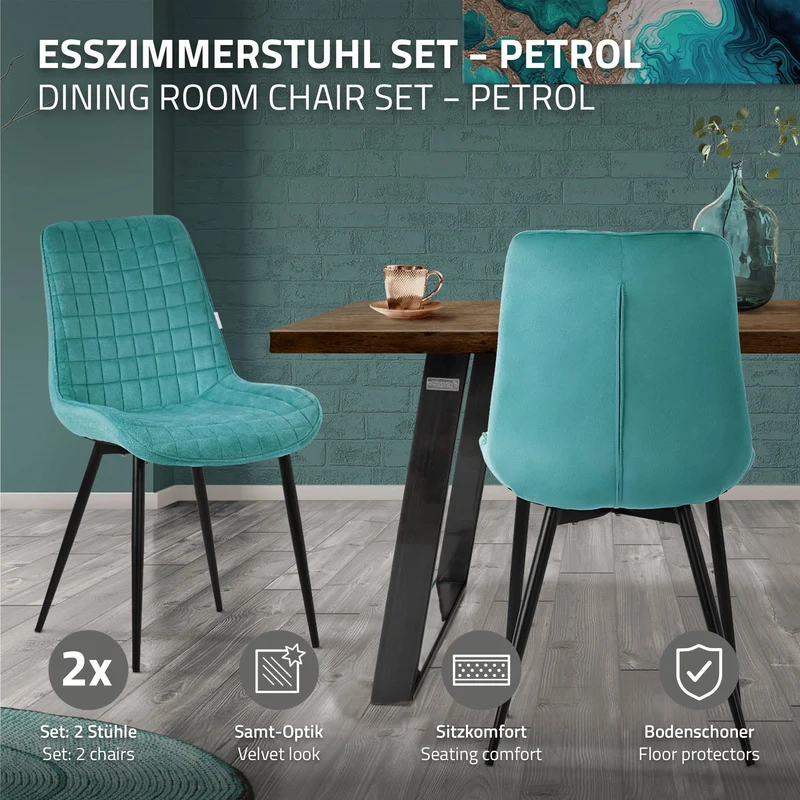Esszimmerstuhl 2er Set Petrol mit Samtbezug und Stahlbeinen Küchenstuhl mit Rückenlehne ML-Design