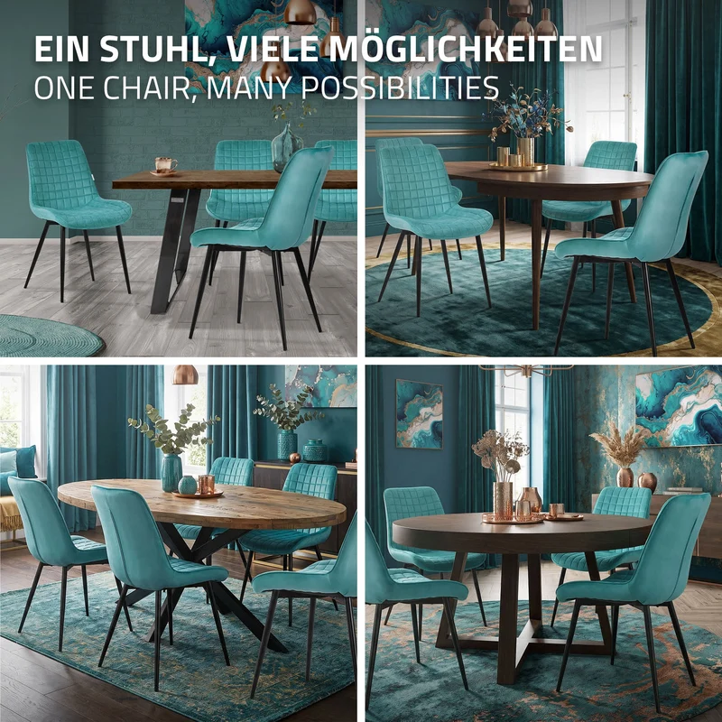 Esszimmerstuhl 2er Set Petrol mit Samtbezug und Stahlbeinen Küchenstuhl mit Rückenlehne ML-Design
