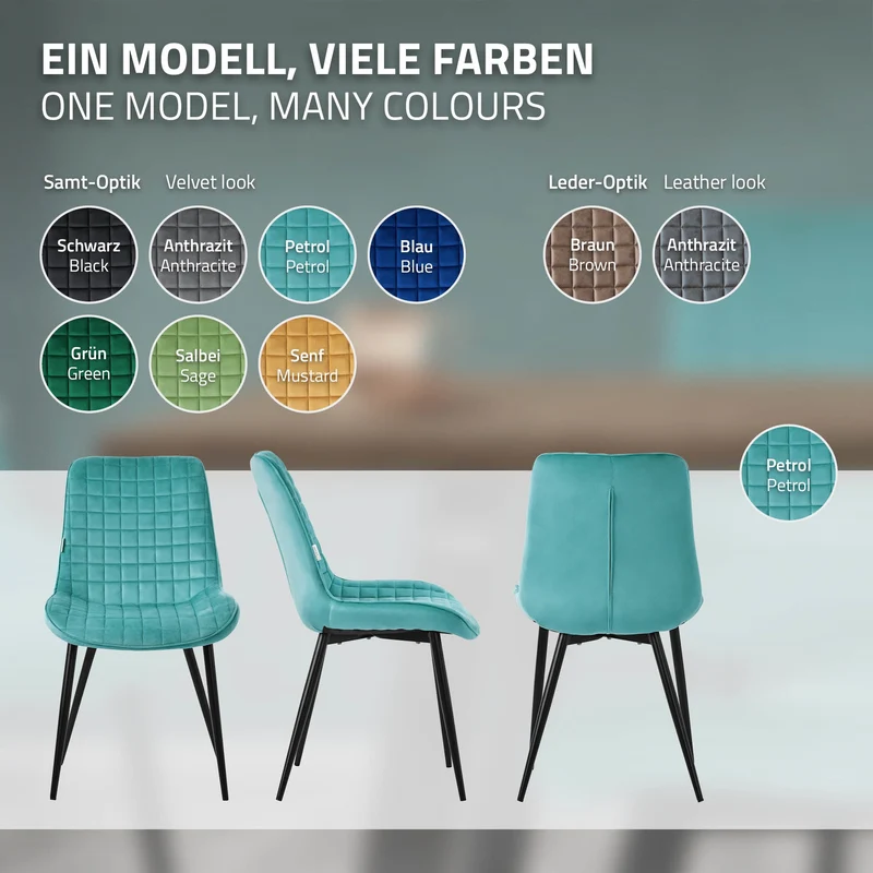 Esszimmerstuhl 2er Set Petrol mit Samtbezug und Stahlbeinen Küchenstuhl mit Rückenlehne ML-Design