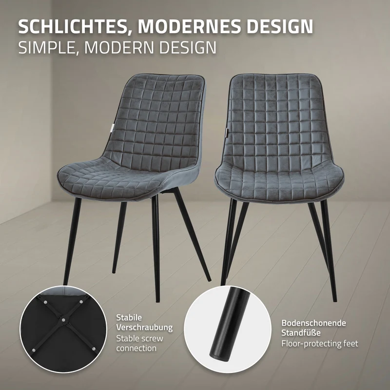 Esszimmerstuhl 2er Set Anthrazit mit Kunstlederbezug und Stahlbeinen Küchenstuhl mit Rückenlehne ML-Design