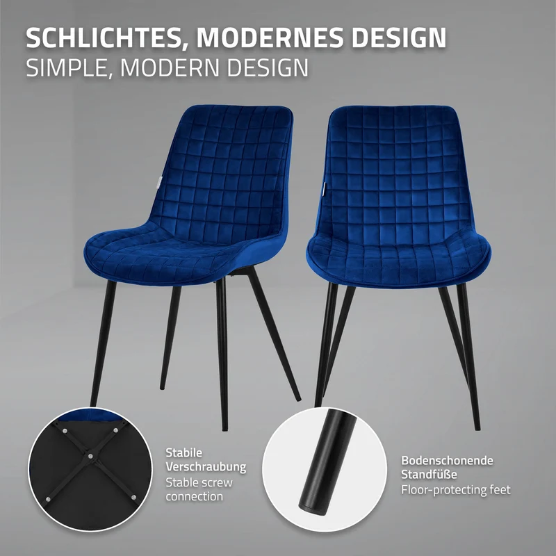 Esszimmerstuhl 2er Set Dunkelblau mit Samtbezug und Stahlbeinen Küchenstuhl mit Rückenlehne ML-Design