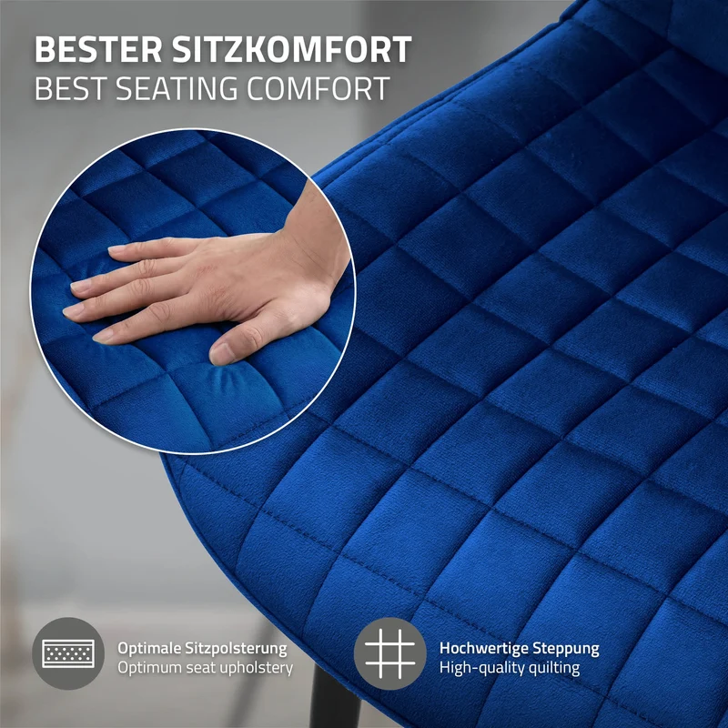 Esszimmerstuhl 2er Set Dunkelblau mit Samtbezug und Stahlbeinen Küchenstuhl mit Rückenlehne ML-Design