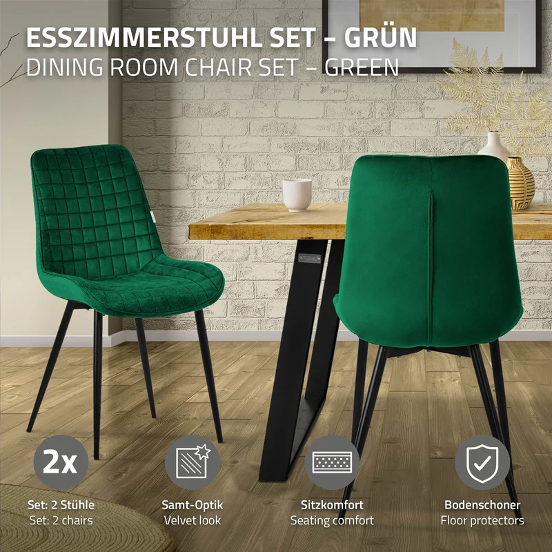 Esszimmerstuhl 2er Set Dunkelgrün mit Samtbezug und Stahlbeinen Küchenstuhl mit Rückenlehne ML-Design