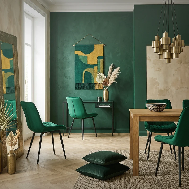 Esszimmerstuhl 2er Set Dunkelgrün mit Samtbezug und Stahlbeinen Küchenstuhl mit Rückenlehne ML-Design