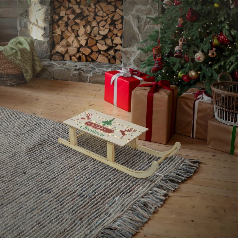 Deko Schlitten aus Holz mit LEDs und Timerfunktion 60 cm lang Weihnachtsschlitten