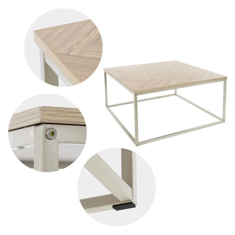Couchtisch 80x80x40 cm Fischgrätenmuster Eichen-Optik mit Stahlgestell ML-Design