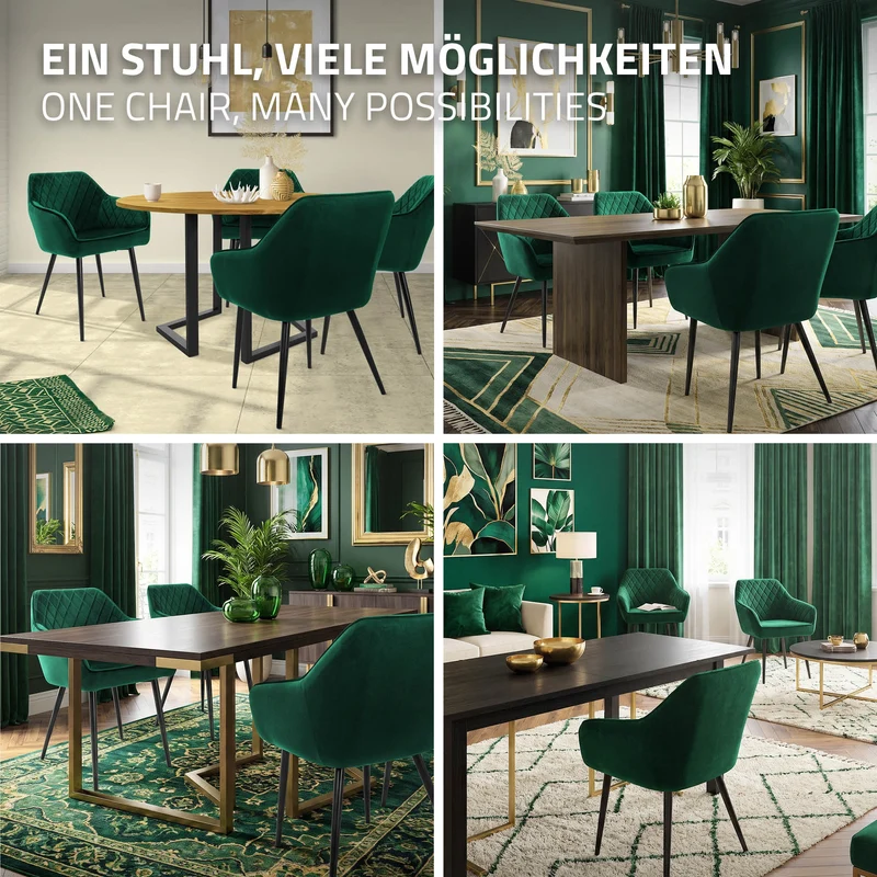 Esszimmerstuhl 6er Set Rauten Steppung mit Rücken- und Armlehnen Dunkelgrün Küchenstuhl mit Microfaser-Samtbezug ML-Design