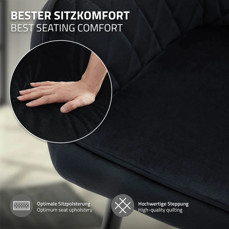 Esszimmerstuhl 6er Set Schwarz Samtbezug mit Metallbeinen inkl. Montagematerial ML-Design
