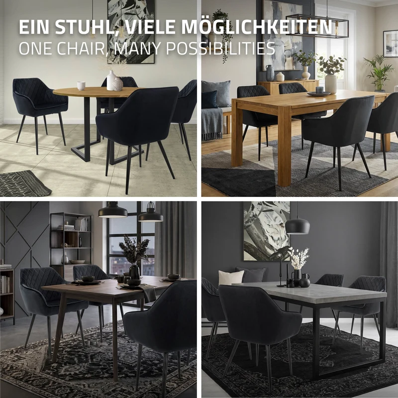 Esszimmerstuhl 6er Set Schwarz Samtbezug mit Metallbeinen inkl. Montagematerial ML-Design