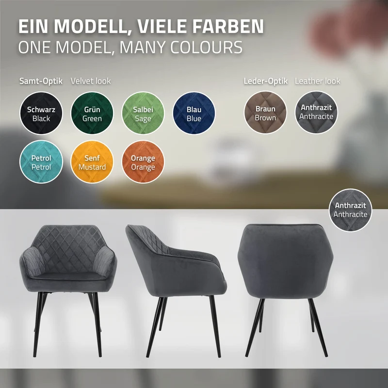 Esszimmerstuhl 6er Set Anthrazit Samtbezug mit Metallbeinen inkl. Montagematerial ML-Design