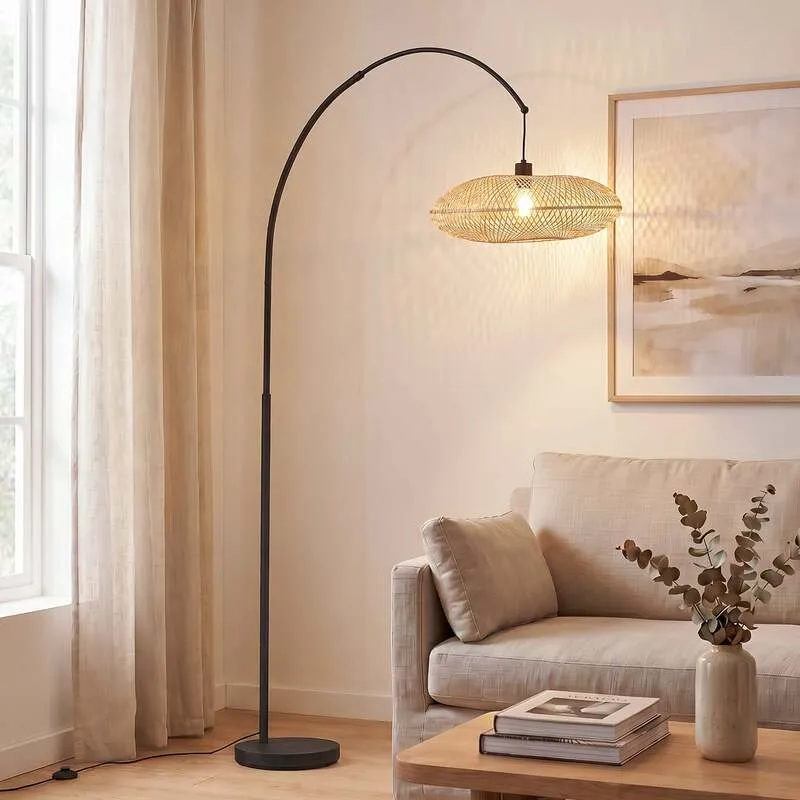 B-Ware Lindby Bogenleuchte Solvian schwarz/natur Bambus Metall Lampe Leuchte Spot