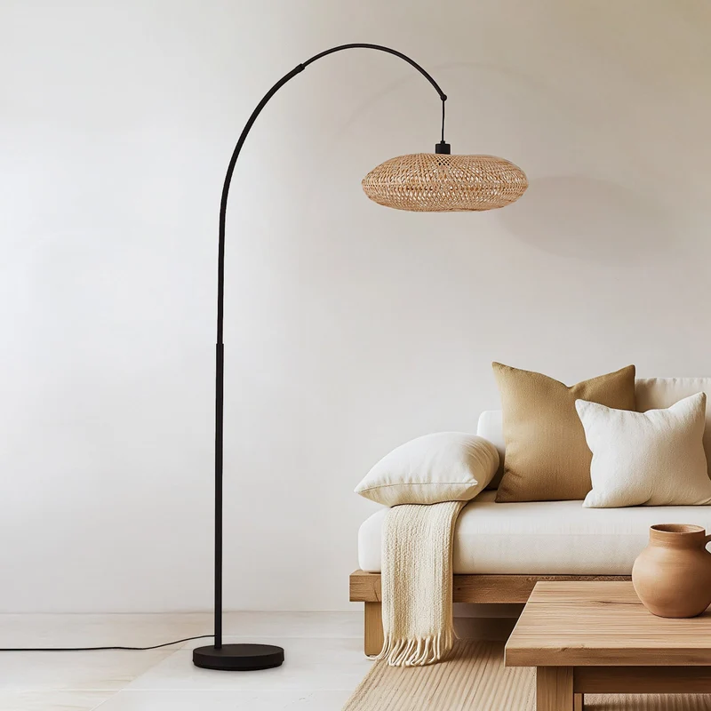 B-Ware Lindby Bogenleuchte Solvian schwarz/natur Bambus Metall Lampe Leuchte Spot