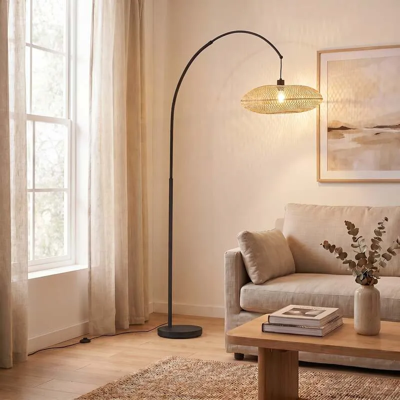 B-Ware Lindby Bogenleuchte Solvian schwarz/natur Bambus Metall Lampe Leuchte Spot