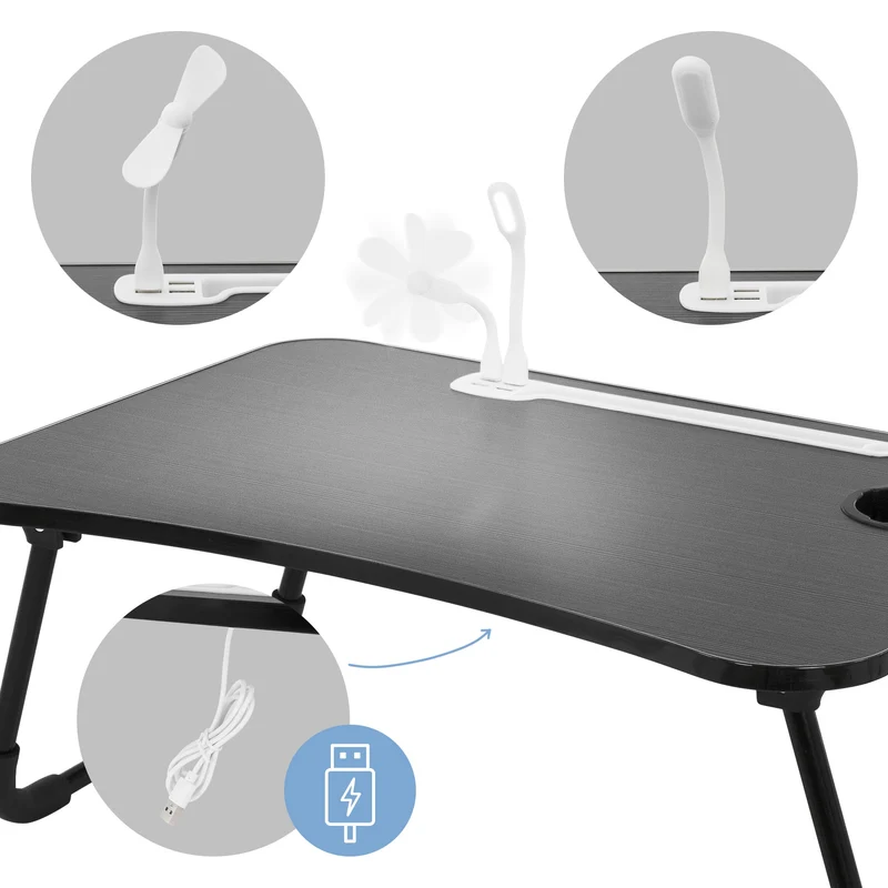 Laptoptisch mit USB-Ports klappbar 60x40 cm Schwarz aus MDF inkl. USB Lampe und Ventilator ML-Design