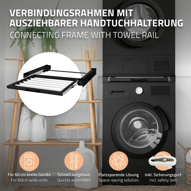 Zwischenbaurahmen für Waschmaschine Verbindungsrahmen mit ausziehbarer Wäscheleine 60,5x54,5 cm in Schwarz ML-Design