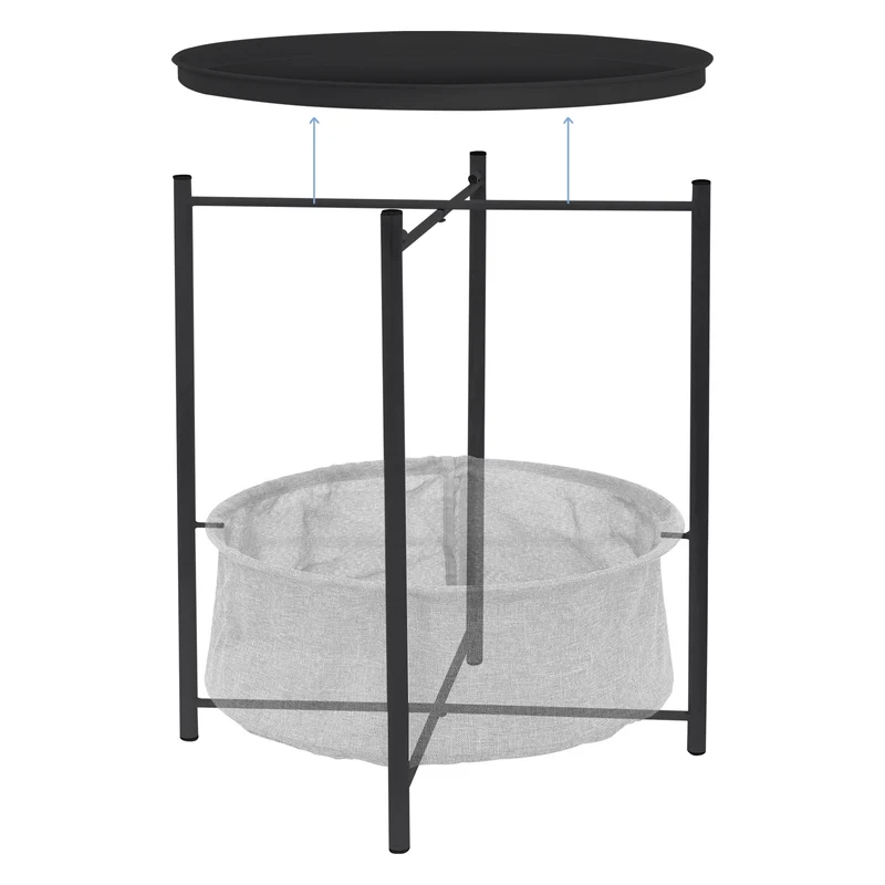 Beistelltisch rund Ø 46x51 cm Anthrazit aus Metall inkl. Tablett und Stoffkorb ML-Design
