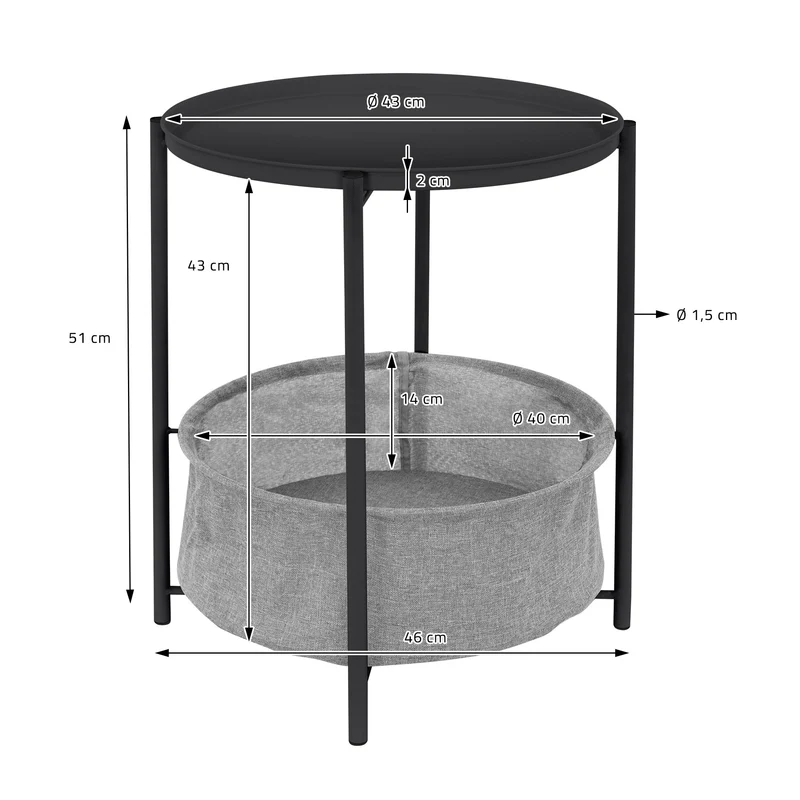 Beistelltisch rund Ø 46x51 cm Anthrazit aus Metall inkl. Tablett und Stoffkorb ML-Design