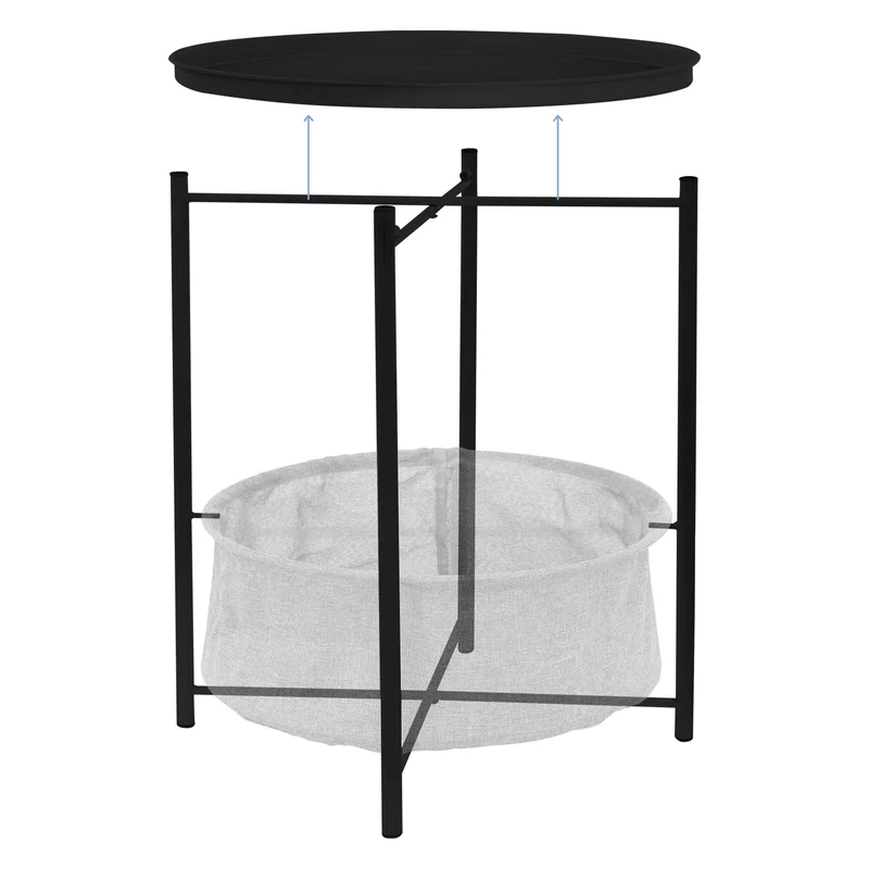 Beistelltisch rund Ø 46x51 cm Schwarz aus Metall inkl. Tablett und Stoffkorb ML-Design