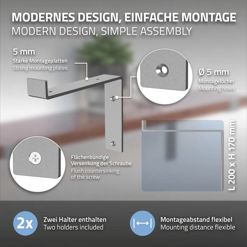 Wandkonsole Regalhalterung 2er Set 200 x 145 mm Grau aus Stahl ML-Design