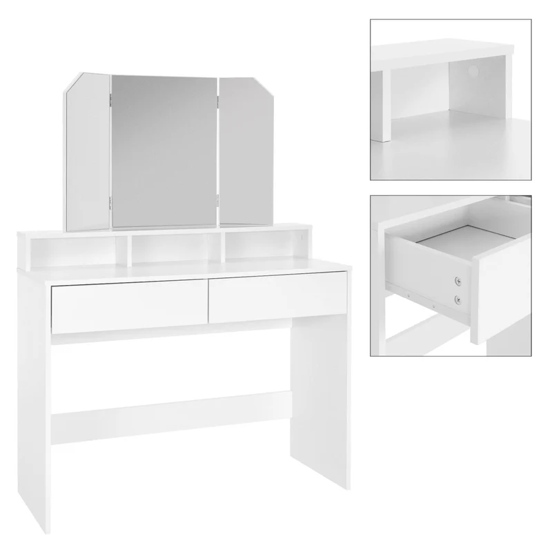 Schminktisch Frisiertisch 100x40x140 cm in Weiß mit Spiegel 3-tlg & 2 Schubladen ML-Design