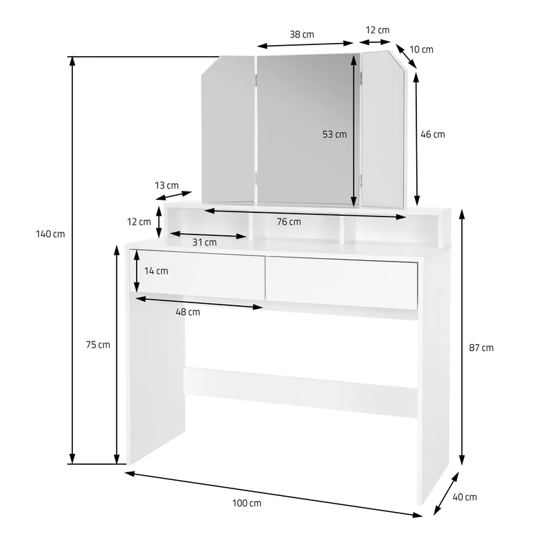 Schminktisch Frisiertisch 100x40x140 cm in Weiß mit Spiegel 3-tlg & 2 Schubladen ML-Design
