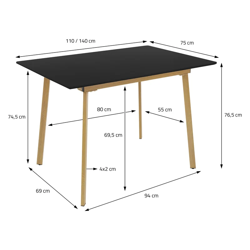 Esstisch ausziehbar in Schwarz 110-140x75 cm aus Holz Esszimmertisch für 4-6 Personen ML-Design