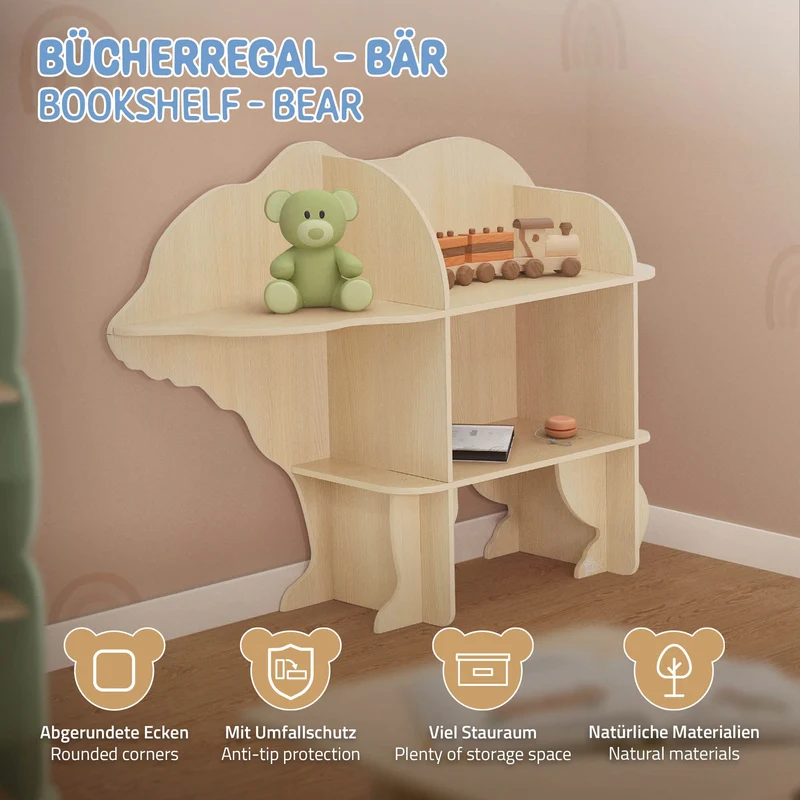 Kinder Bücherregal Bär-Design Natur mit offenen Regalen Joyz