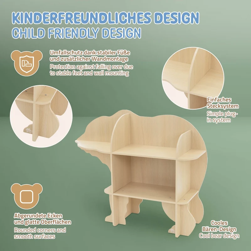 Kinder Bücherregal Bär-Design Natur mit offenen Regalen Joyz