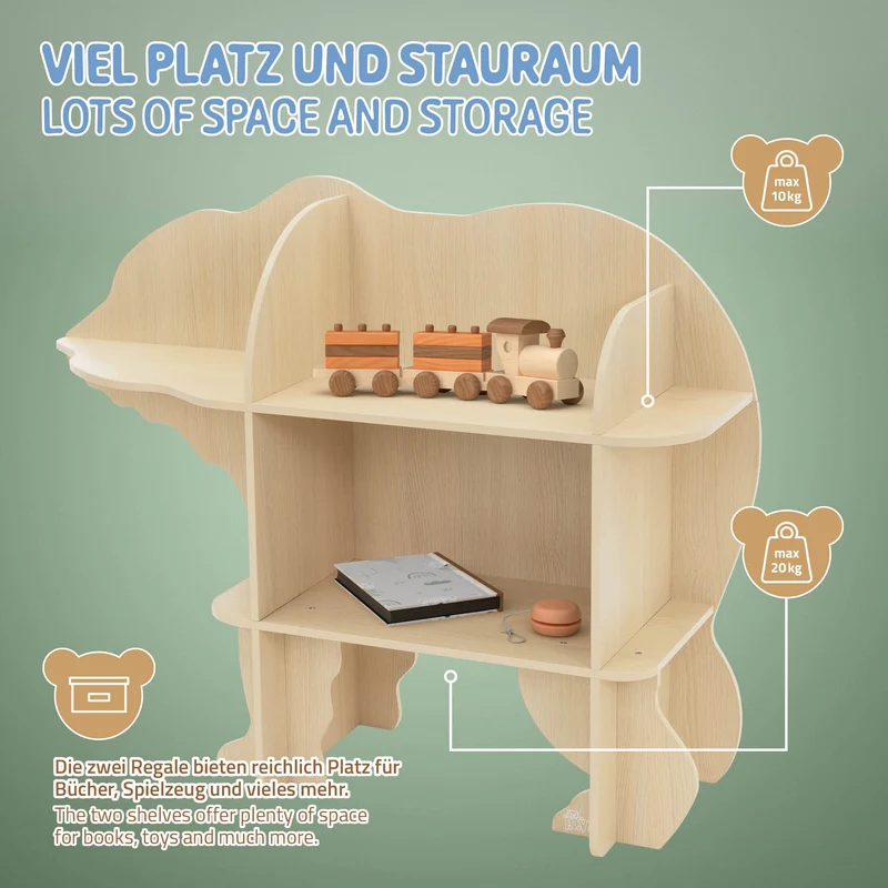 Kinder Bücherregal Bär-Design Natur mit offenen Regalen Joyz