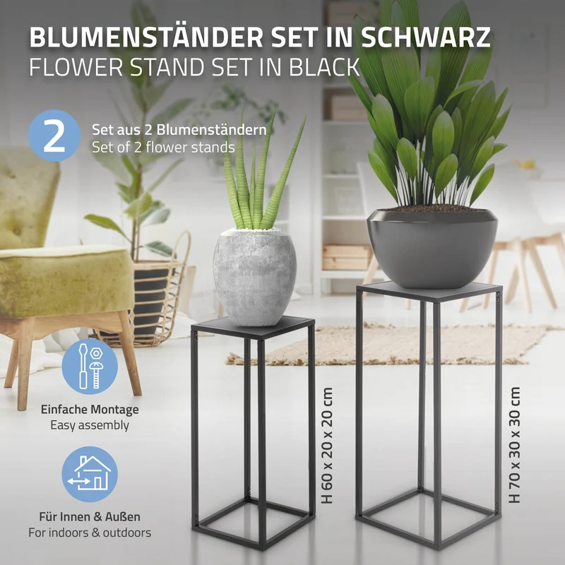 2er Set Blumenständer Schwarz aus pulverbeschichtet Metall ML-Design