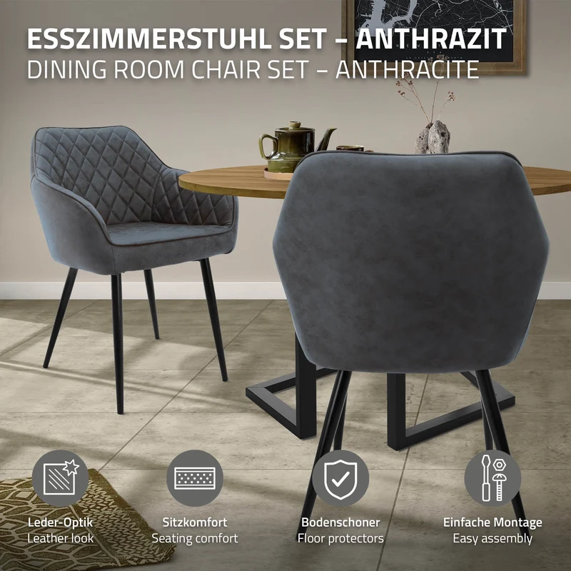 Esszimmerstuhl mit Rauten Steppung 2er Set mit Rücken- und Armlehnen Anthrazit Küchenstuhl mit Kunstleder Bezug ML-Design