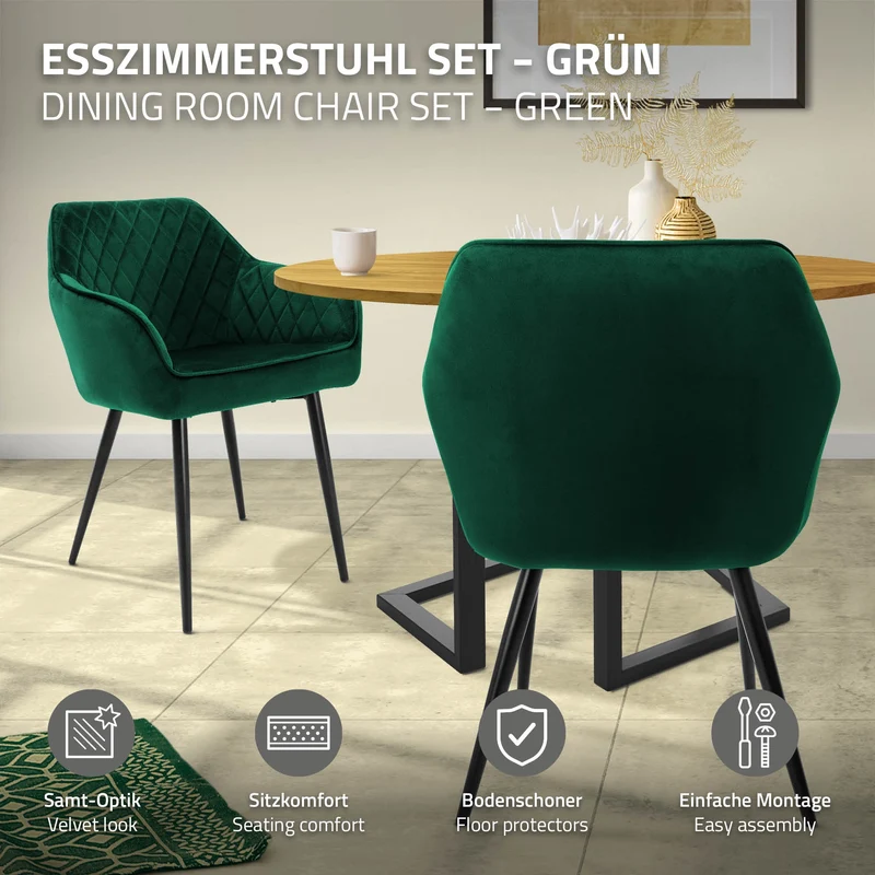 Esszimmerstuhl 2er Set Rauten Steppung mit Rücken- und Armlehnen Dunkelgrün Küchenstuhl mit Microfaser-Samtbezug ML-Design