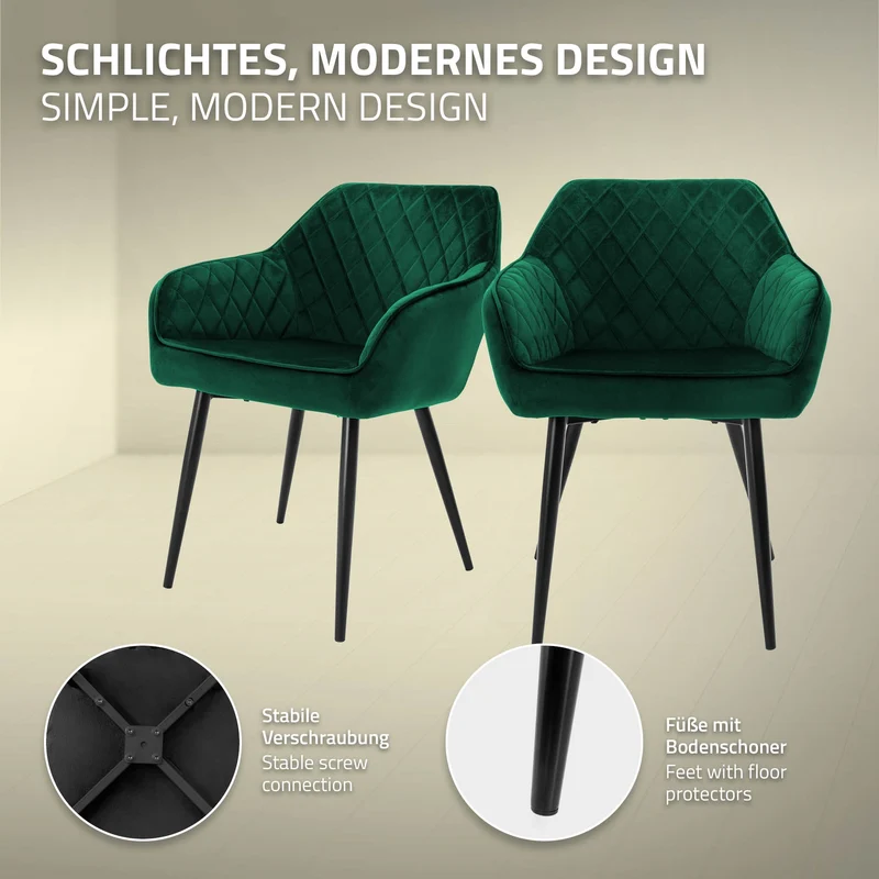Esszimmerstuhl 2er Set Rauten Steppung mit Rücken- und Armlehnen Dunkelgrün Küchenstuhl mit Microfaser-Samtbezug ML-Design