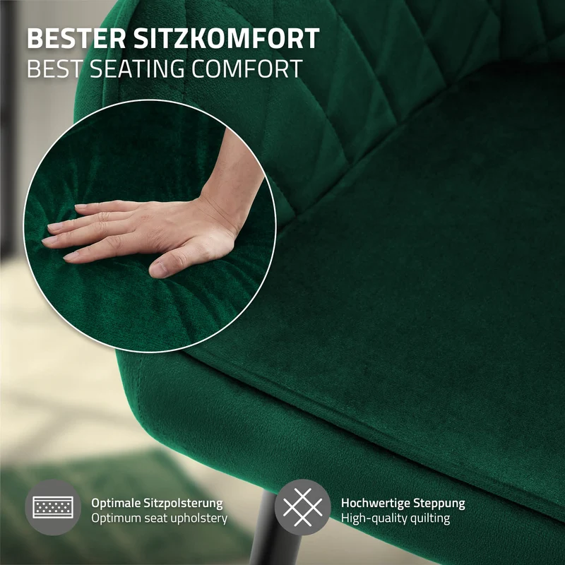 Esszimmerstuhl 2er Set Rauten Steppung mit Rücken- und Armlehnen Dunkelgrün Küchenstuhl mit Microfaser-Samtbezug ML-Design