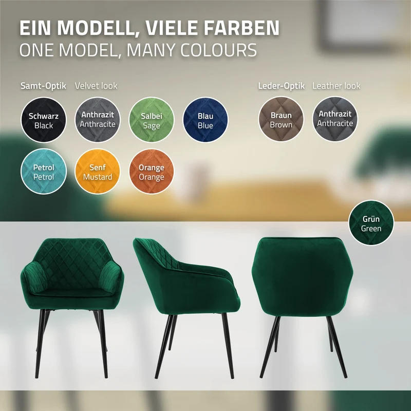 Esszimmerstuhl 2er Set Rauten Steppung mit Rücken- und Armlehnen Dunkelgrün Küchenstuhl mit Microfaser-Samtbezug ML-Design