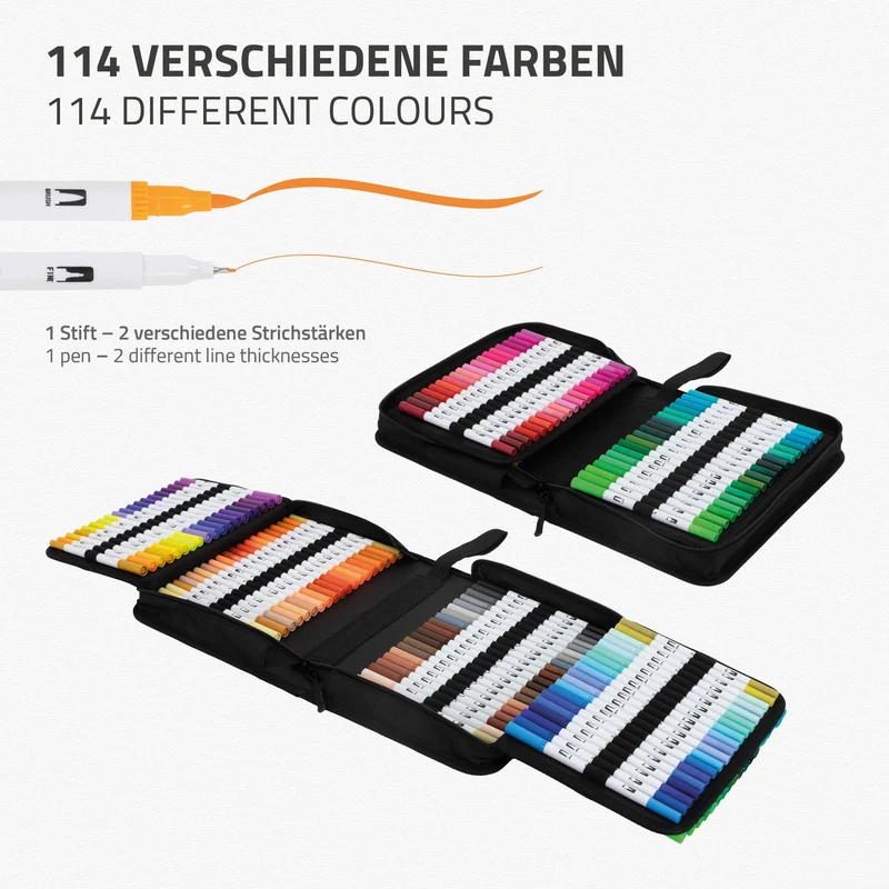 Doppelfaserstifte Set mit 120 Farben mit 2 Spitzen in klappbarem Mäppchen