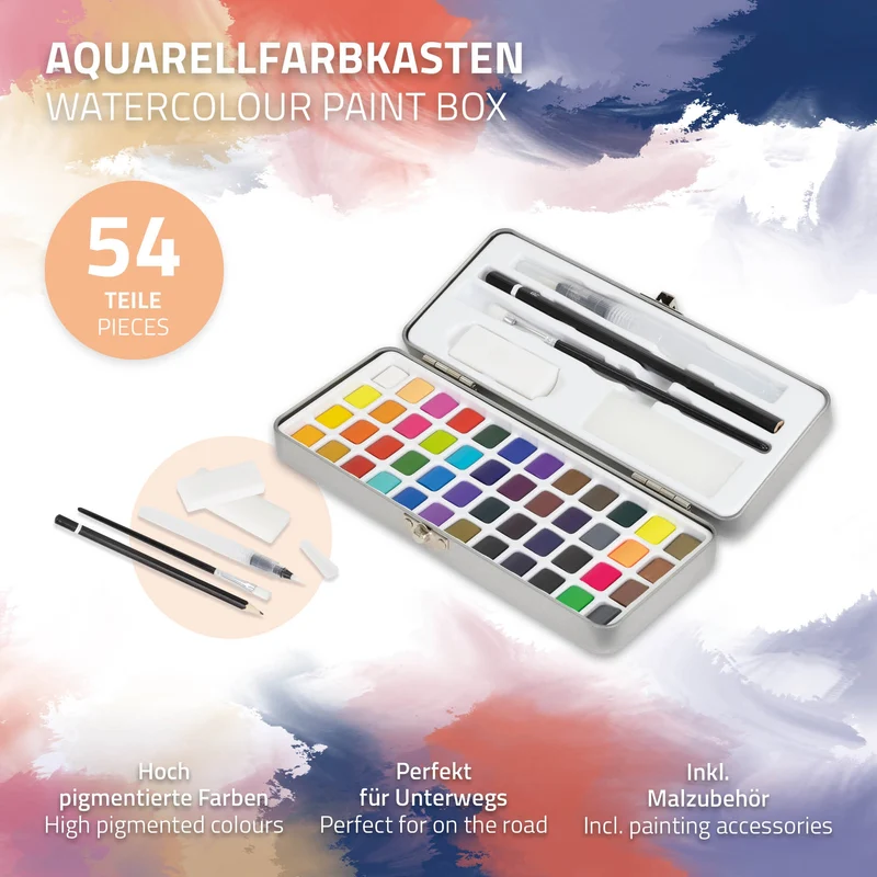 Aquarellfarben Malkasten 48 Farben in Metallbox Silber mit Zubehör