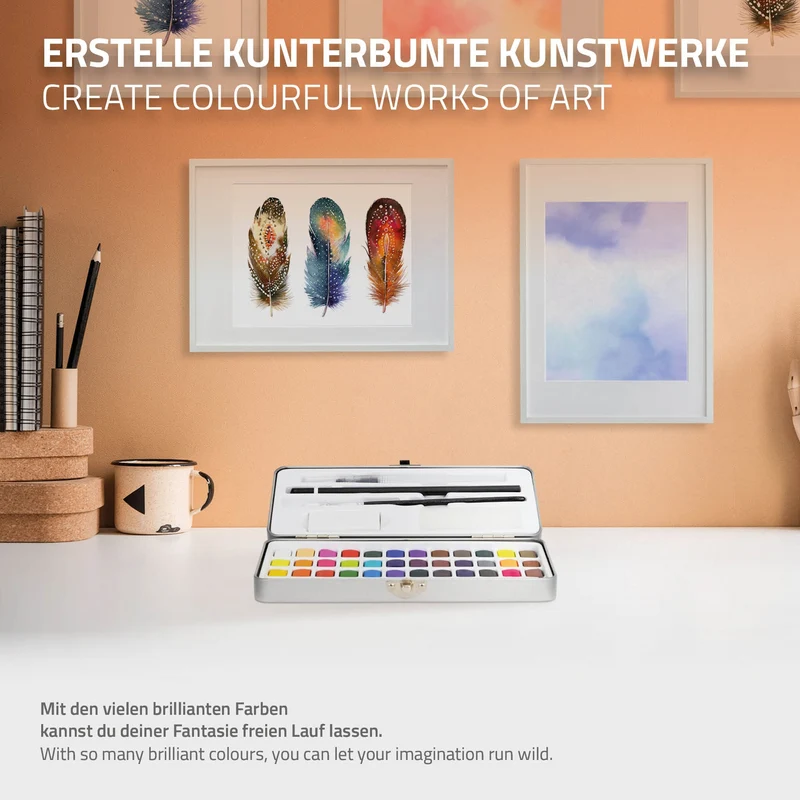 Aquarellfarben Malkasten 48 Farben in Metallbox Silber mit Zubehör
