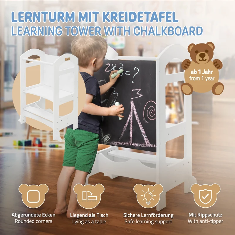 Lernturm 2in1 für Kinder ab 1 Jahr Weiß aus Holz inkl. Tafel von Joyz