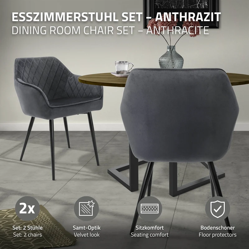 Esszimmerstuhl 2er Set Rauten Steppung Anthrazit Samtbezug mit Metallbeinen inkl. Montagematerial ML-Design