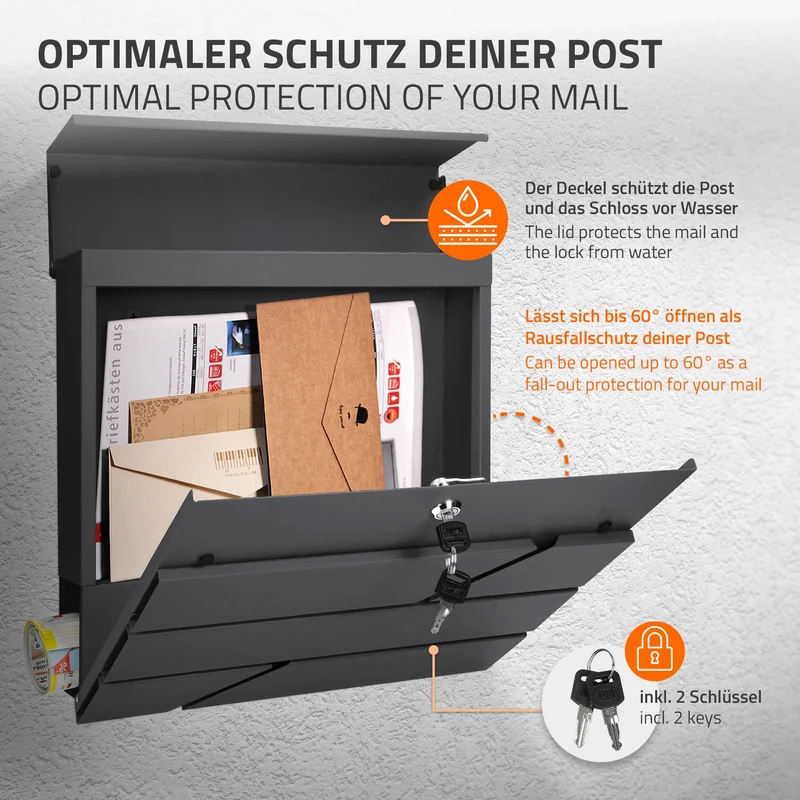 Briefkasten mit Zeitungsfach 37x11x37 cm Anthrazit aus Edelstahl