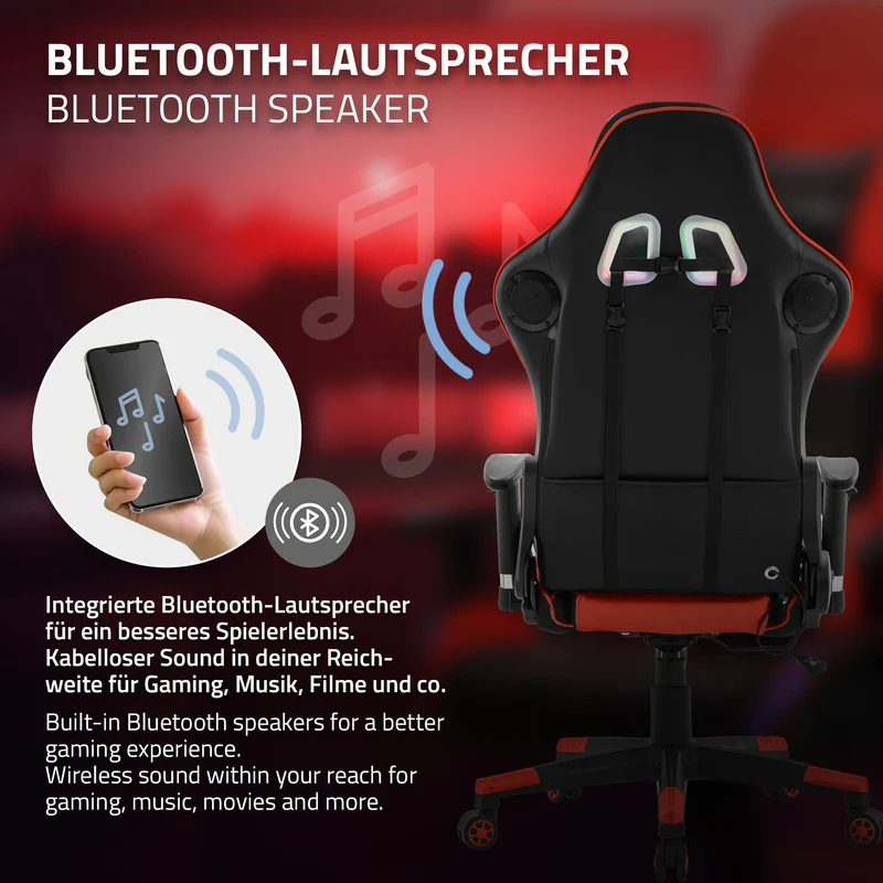Gamingstuhl mit RGB Beleuchtung & Bluetoothboxen Schwarz/Rot aus Kunstleder ML-Design