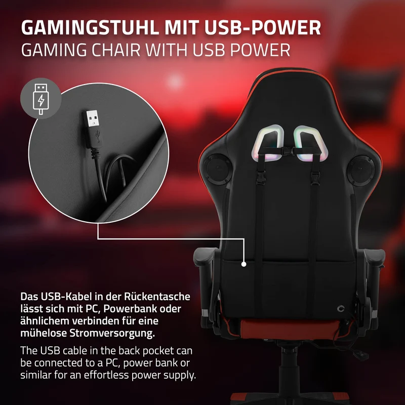Gamingstuhl mit RGB Beleuchtung & Bluetoothboxen Schwarz/Rot aus Kunstleder ML-Design